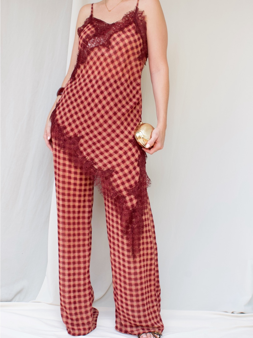 Lace-Trim Plaid Wide-Leg Jumpsuit in Burgundy
